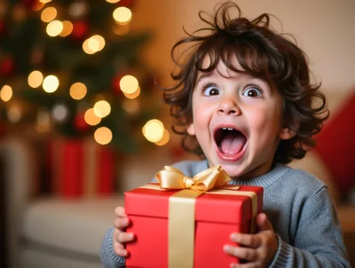 Excited Toddler Holding A Christmas Gift