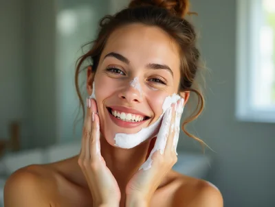 Young Woman Applying Facial Cleanser In Bathroom