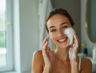 Young Woman Washing Face With Cleansing Foam
