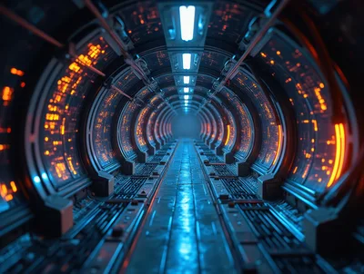 Futuristic Sci-Fi Corridor With Glowing Digital Displays
