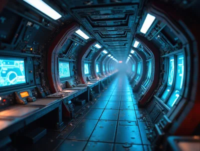 Futuristic Sci-Fi Spaceship Corridor With Glowing Computer Terminals