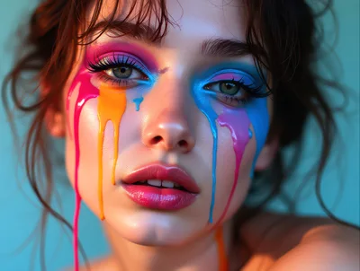 Portrait Of A Woman With Colorful Paint Drips