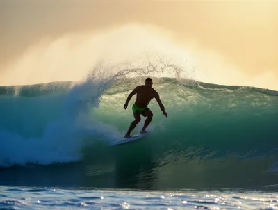 Surfer Riding A Large Ocean Wave At Sunset