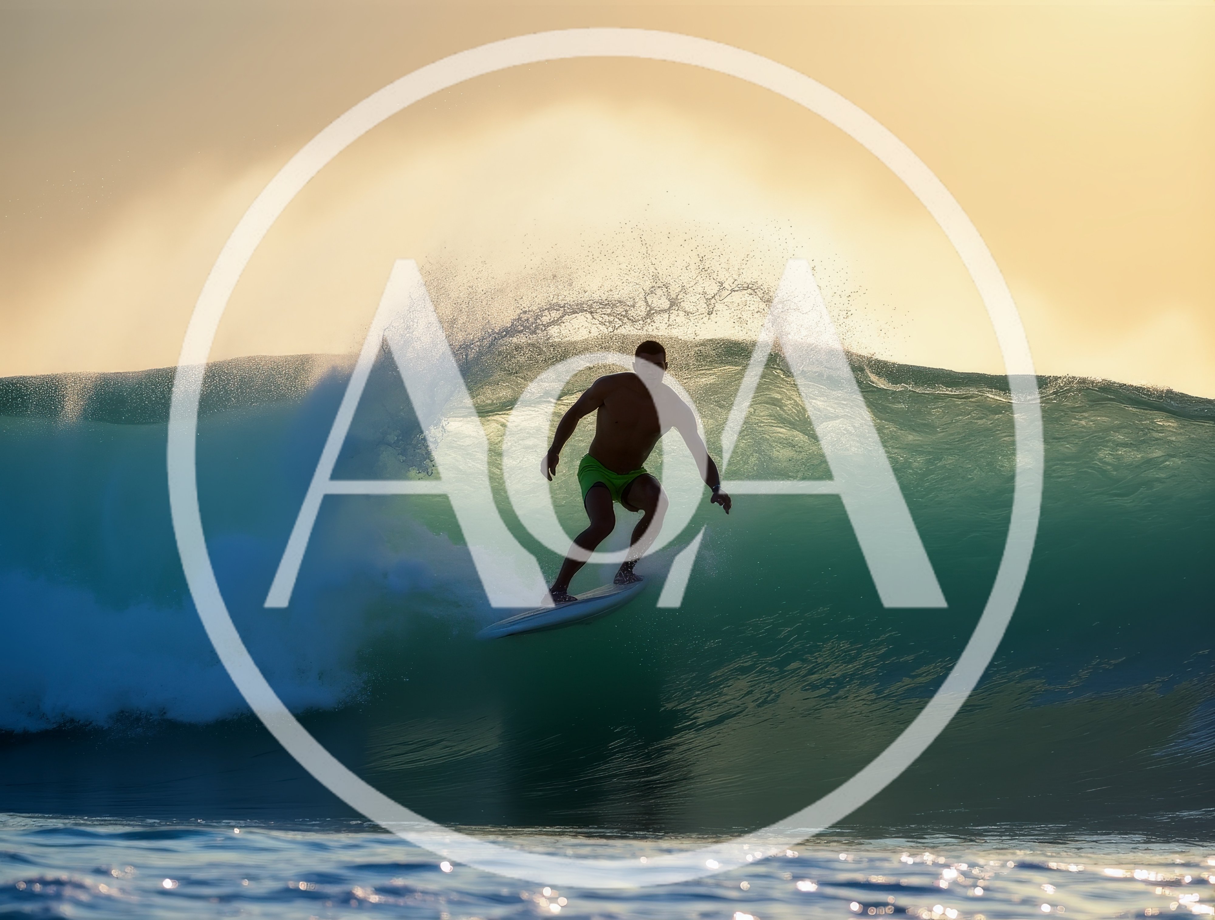 Surfer Riding A Large Ocean Wave At Sunset