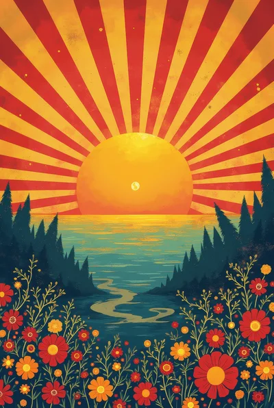 Retro Style Illustration Of A Sunset Over A Forest Lake