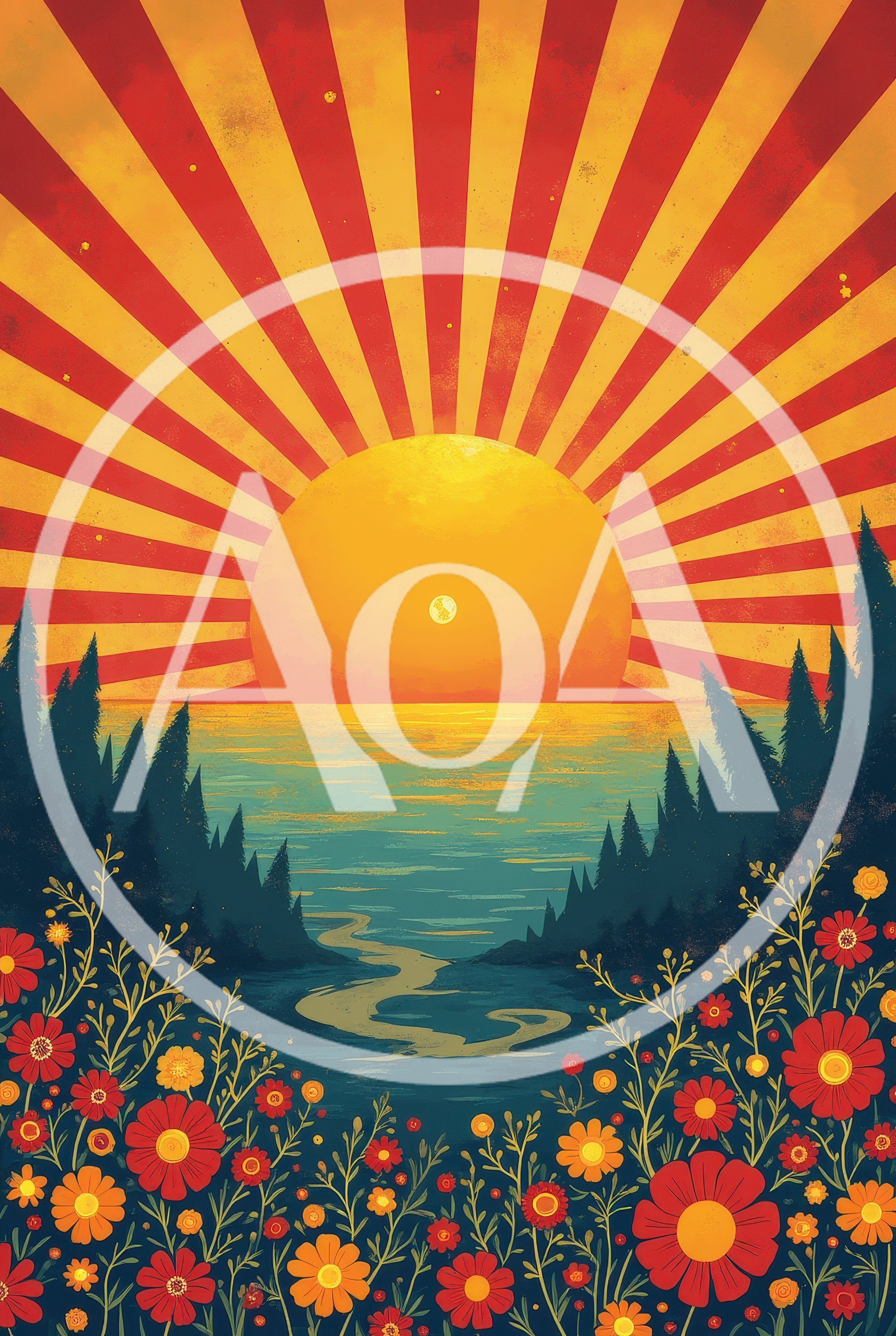 Retro Style Illustration Of A Sunset Over A Forest Lake