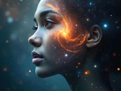 Surreal Portrait Of A Woman With A Cosmic Galaxy Face