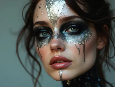 Portrait Of A Woman With Metallic Silver Face Paint
