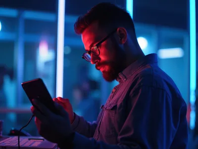 Young Man Using Smartphone In Neon Lit Office
