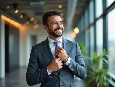 Smiling Businessman Adjusting His Tie In Modern Office