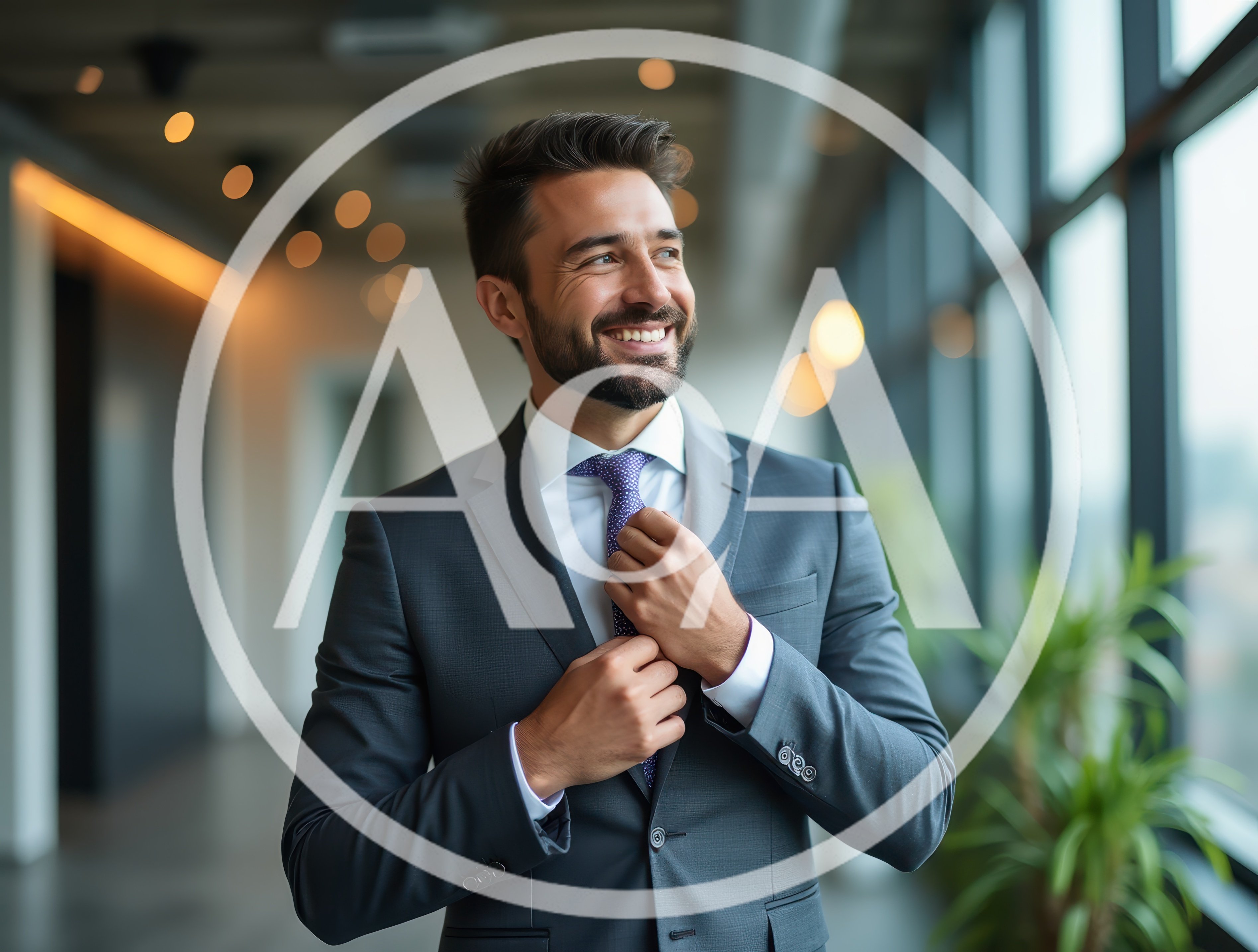 Smiling Businessman Adjusting His Tie In Modern Office