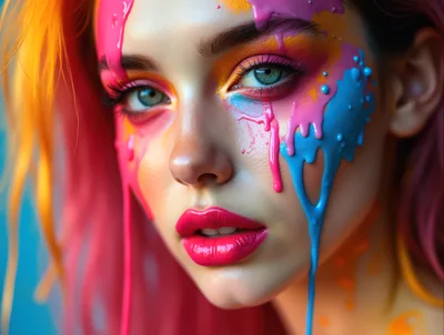 Portrait Of A Woman With Colorful Paint Drips