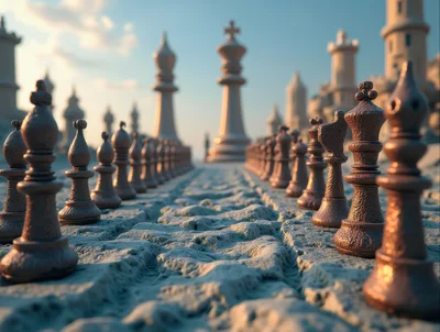 Surreal Chess Pieces On A Cracked Desert Landscape