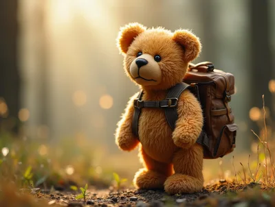 Teddy Bear With Backpack Standing In Forest