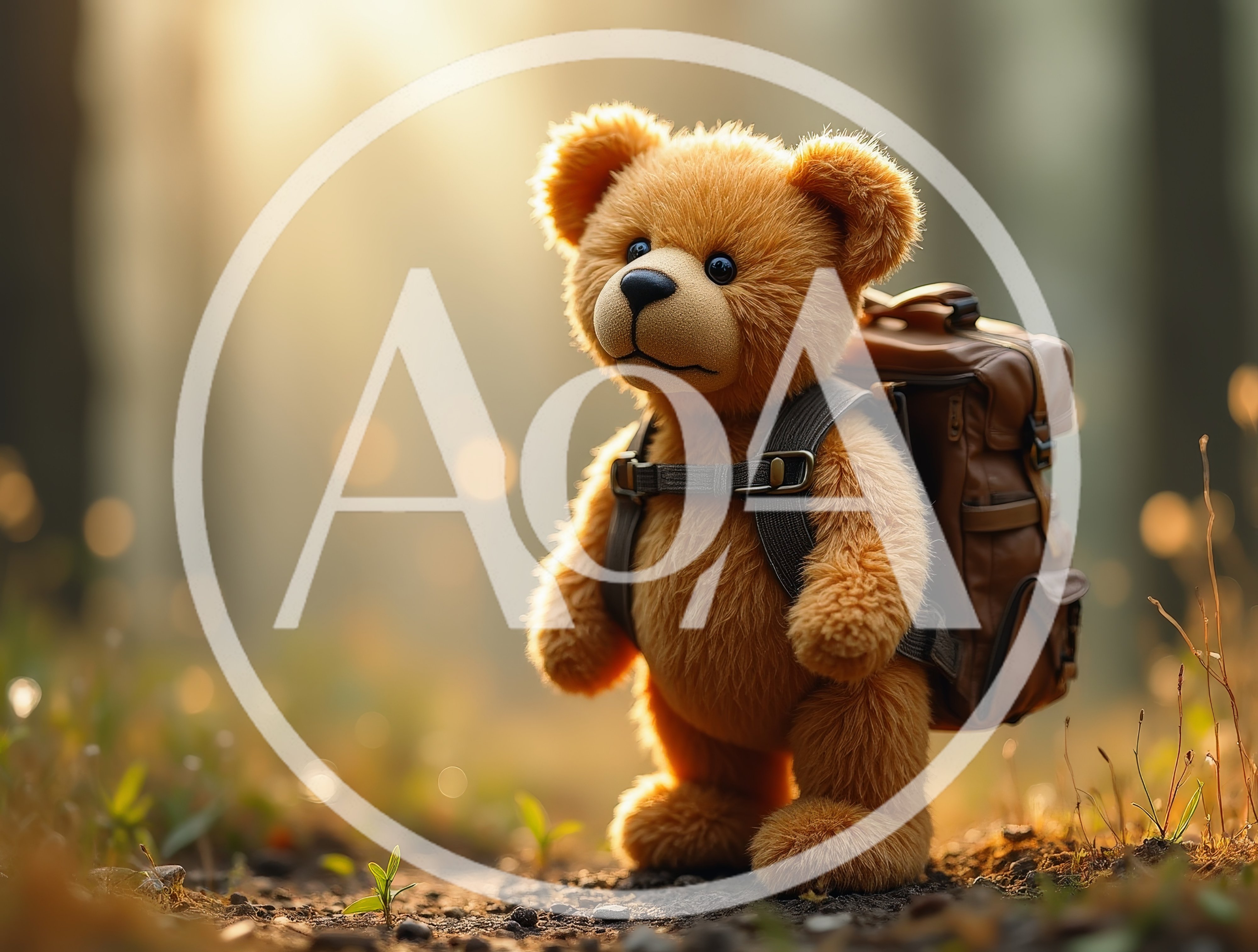 Teddy Bear With Backpack Standing In Forest