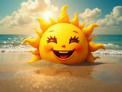 Cheerful Cartoon Sun Character Buried In Beach Sand