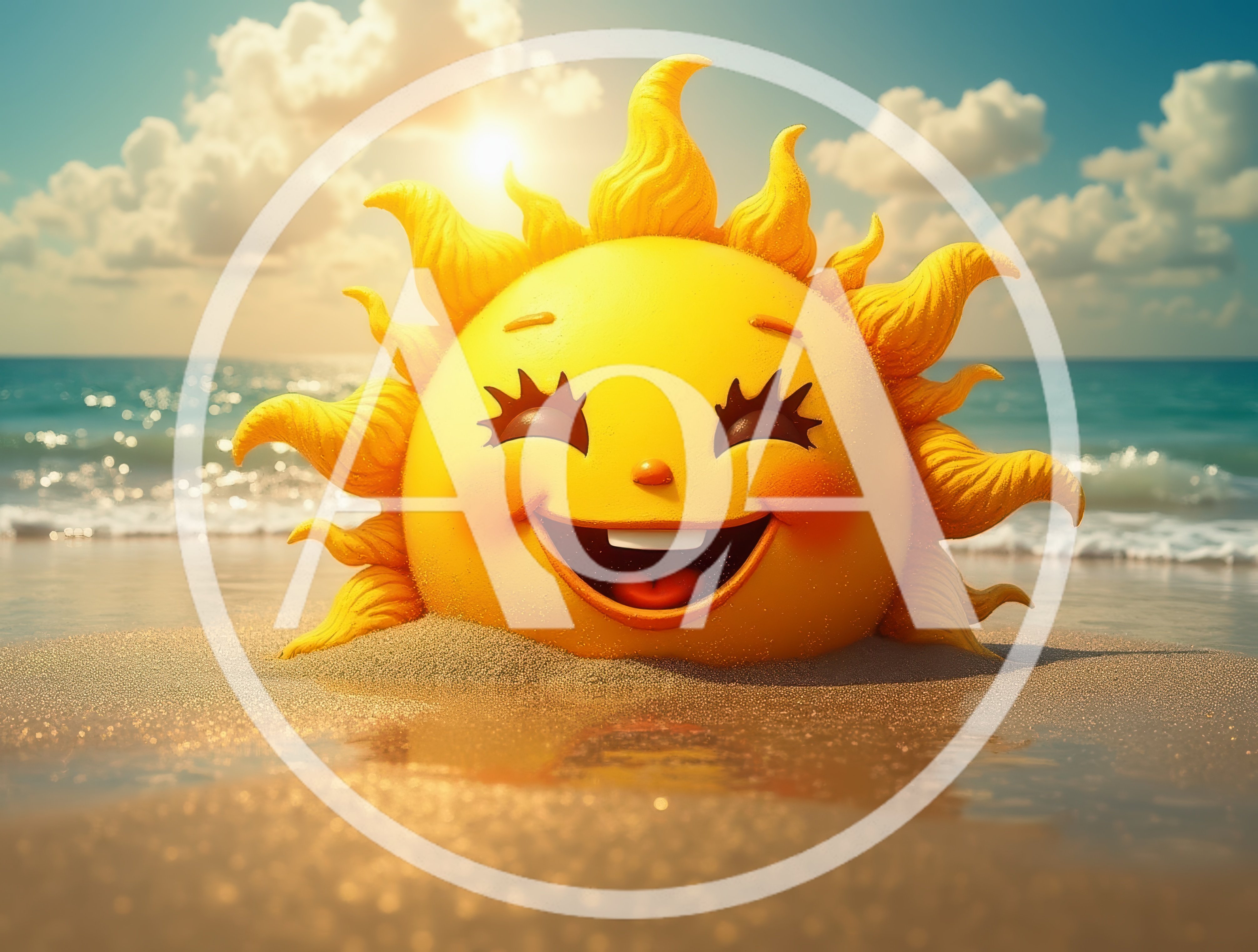 Cheerful Cartoon Sun Character Buried In Beach Sand