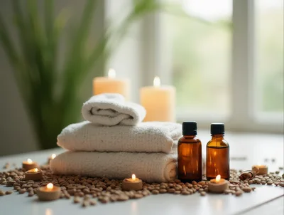 Spa Treatment Setup With Towels And Essential Oils