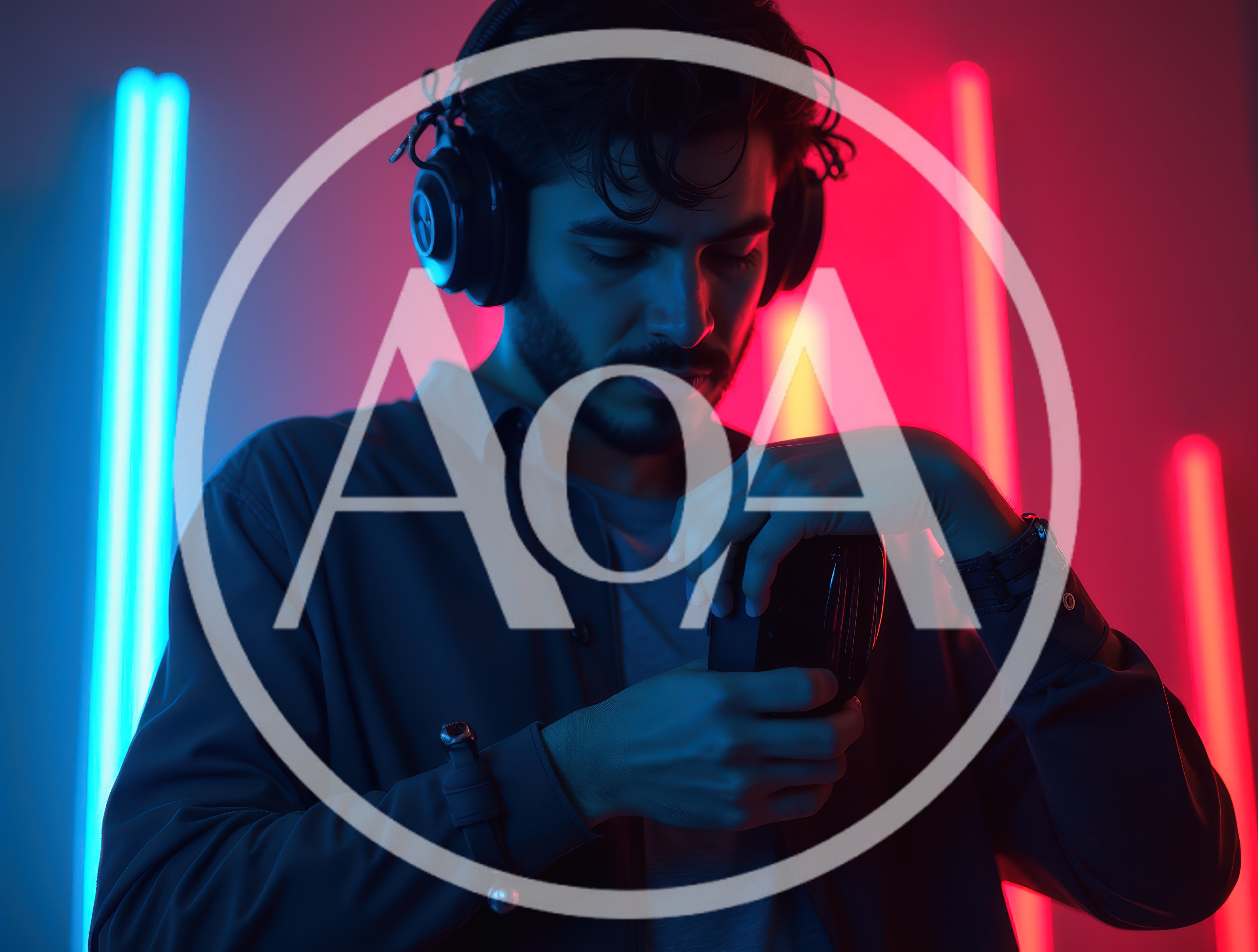 Young Man Adjusting Headphones In Neon Lit Studio