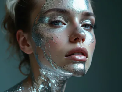 Portrait Of A Woman With Metallic Silver Face Paint
