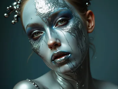 Portrait Of A Woman With Metallic Silver Face Paint