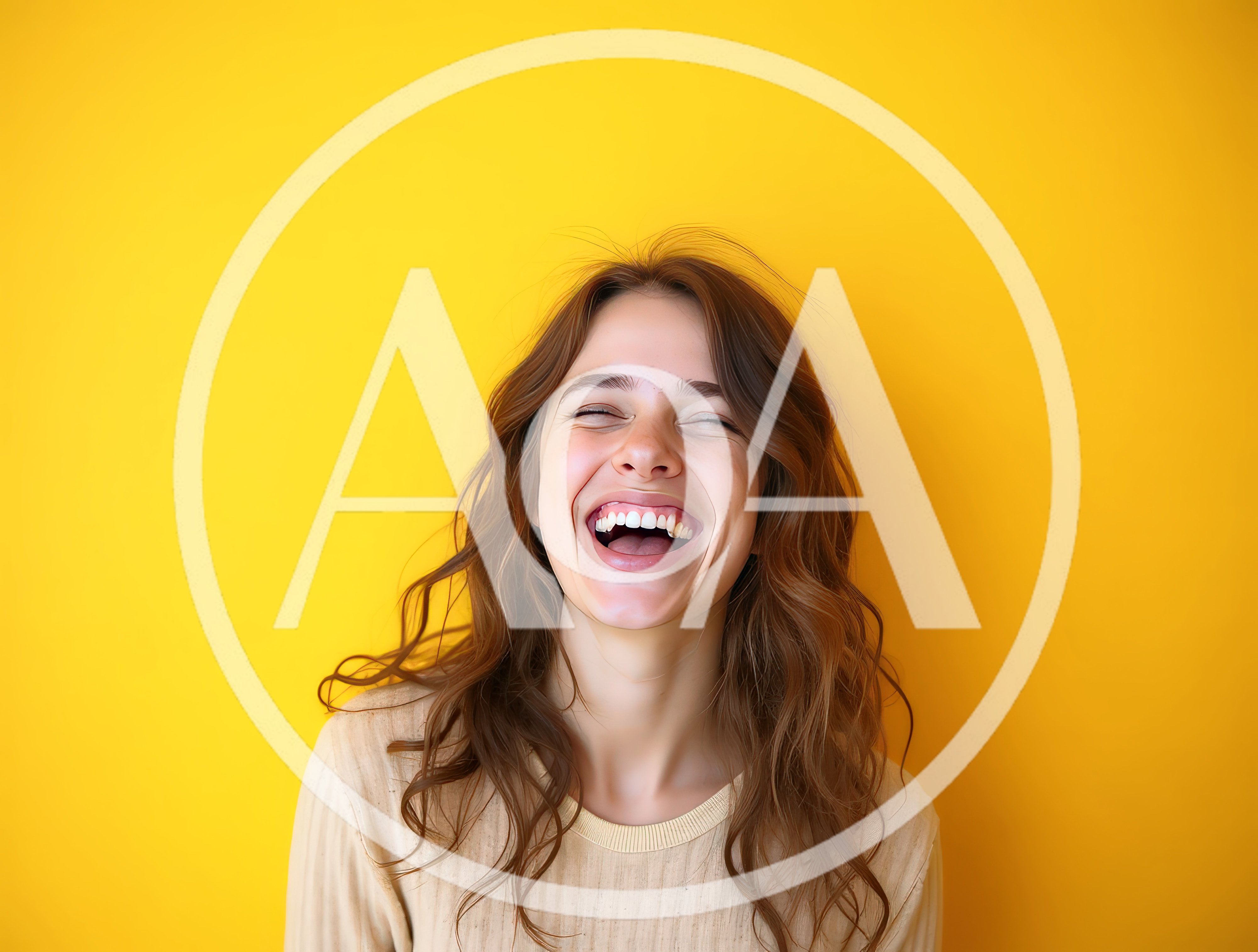 Young Woman Laughing Joyfully Against Yellow Background