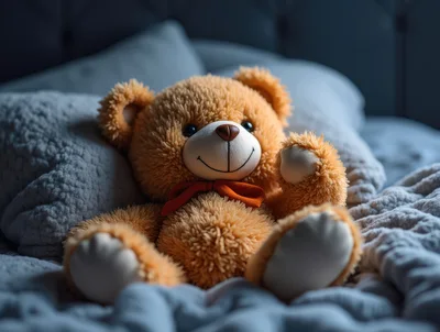 Fluffy Brown Teddy Bear Sitting on Bed