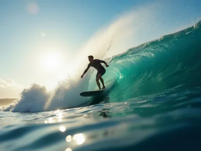 Surfer Riding A Large Blue Ocean Wave