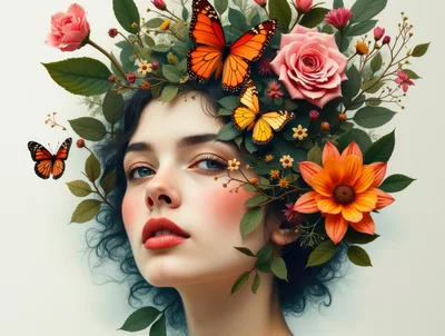Portrait Of A Woman Adorned With Flowers And Butterflies