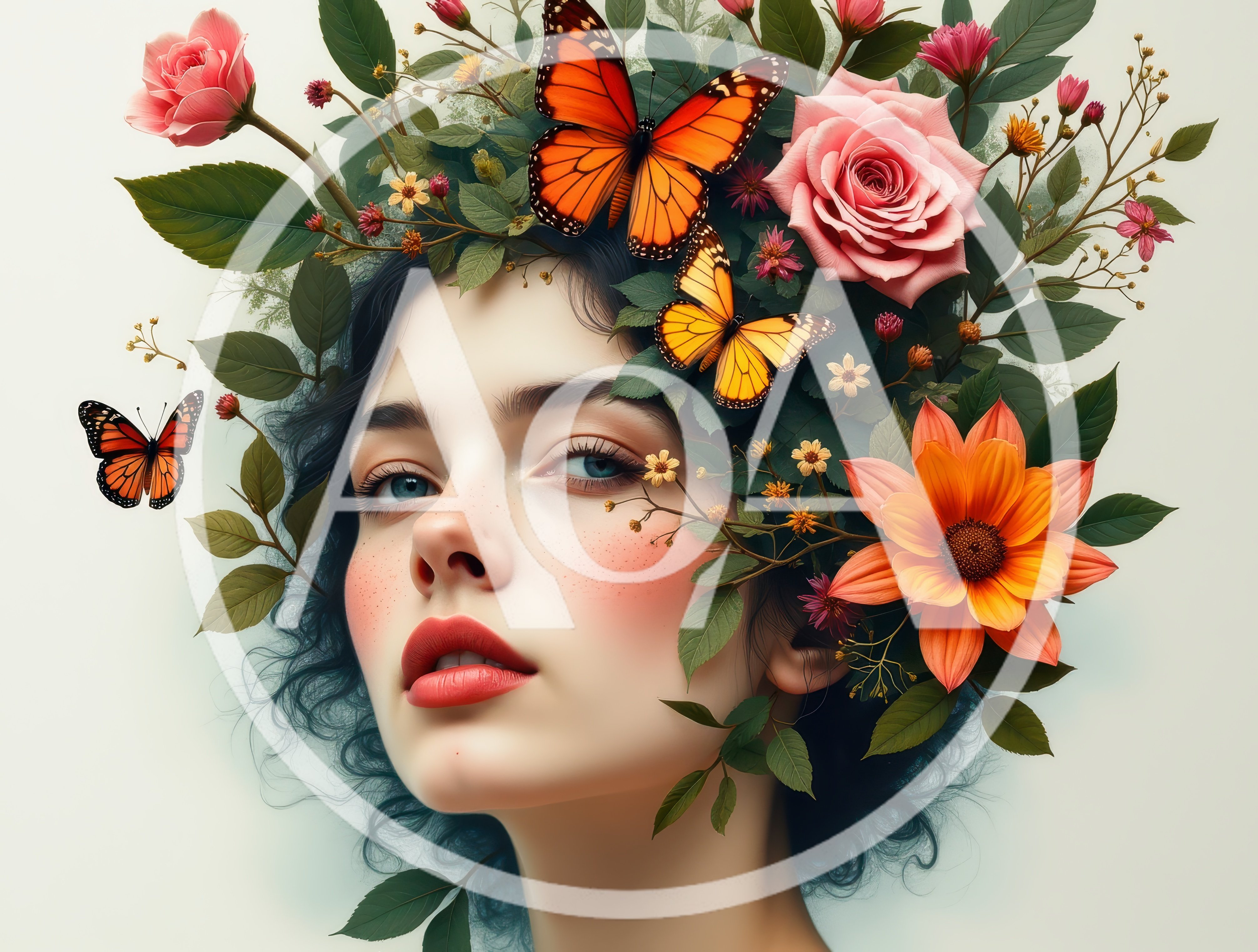 Portrait Of A Woman Adorned With Flowers And Butterflies