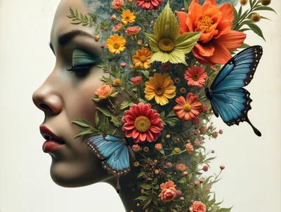 Surreal Portrait Of A Woman With Floral Hair And Butterflies