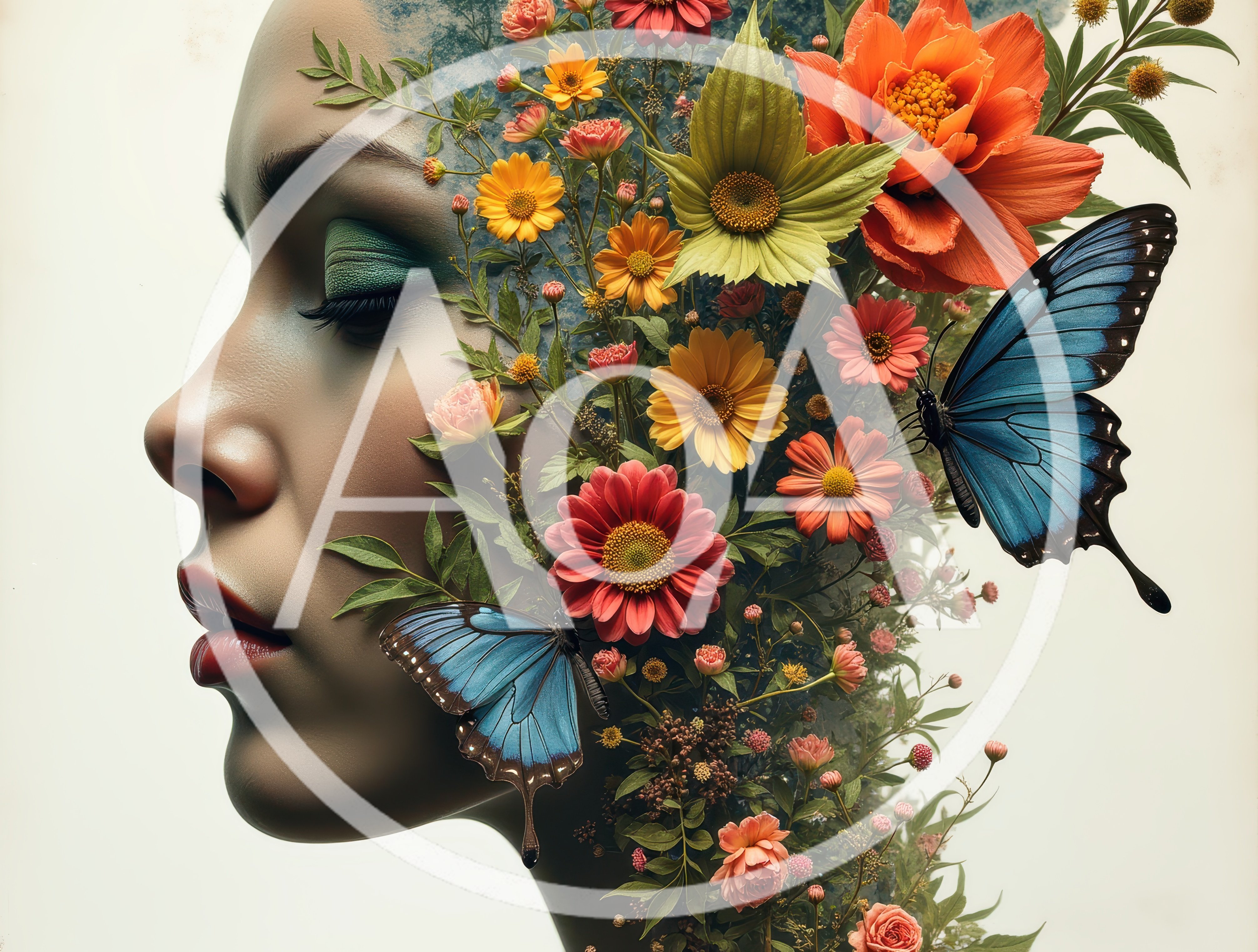 Surreal Portrait Of A Woman With Floral Hair And Butterflies