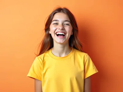Young Woman Laughing Joyfully Against Orange Background