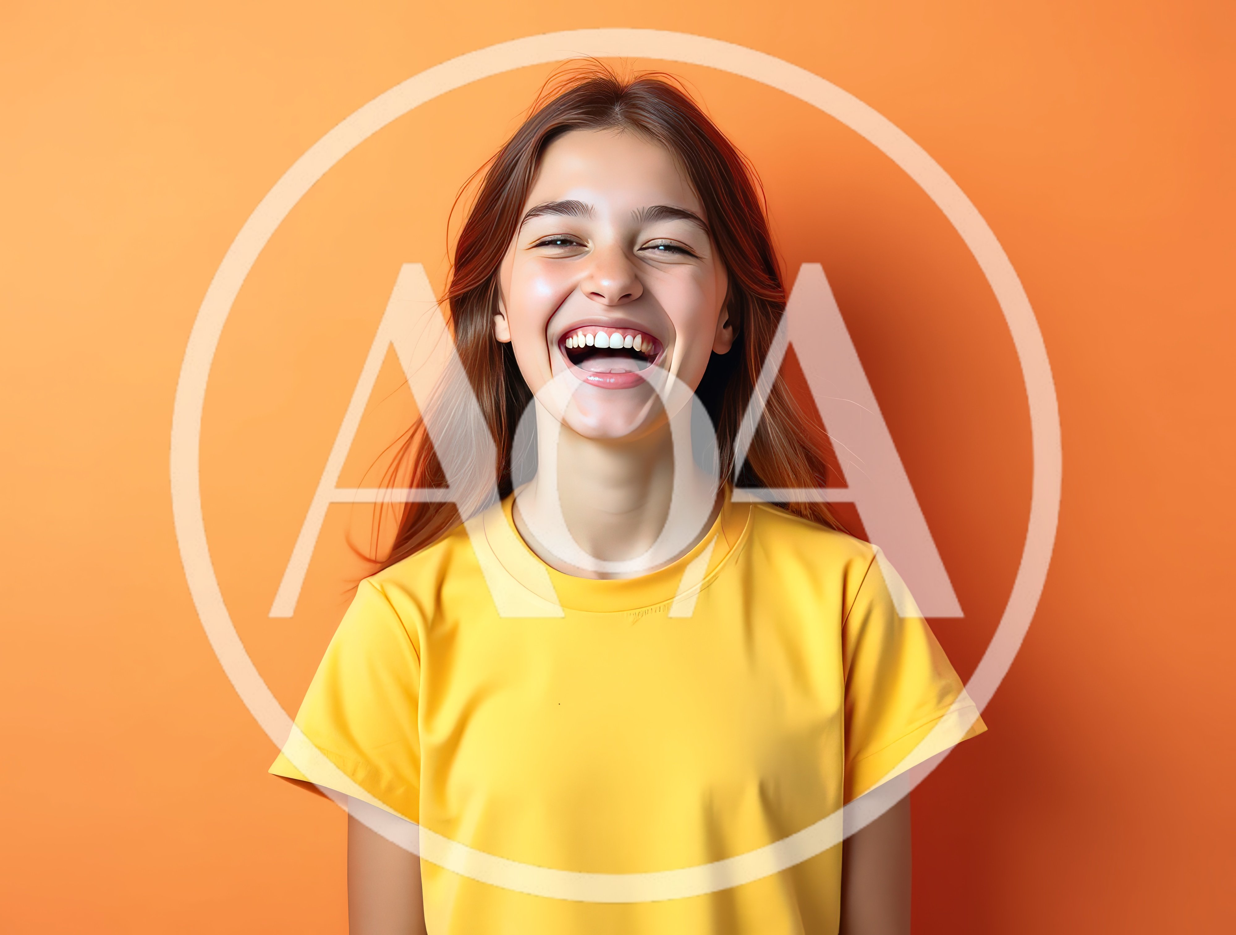 Young Woman Laughing Joyfully Against Orange Background
