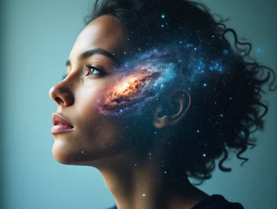 Surreal Portrait Of A Woman With A Cosmic Galaxy