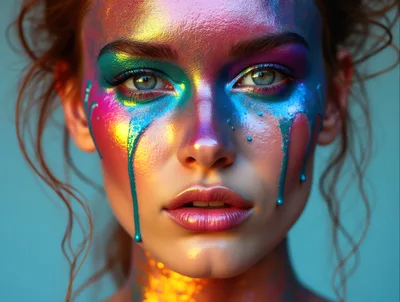 Portrait Of Woman With Iridescent Metallic Face Paint