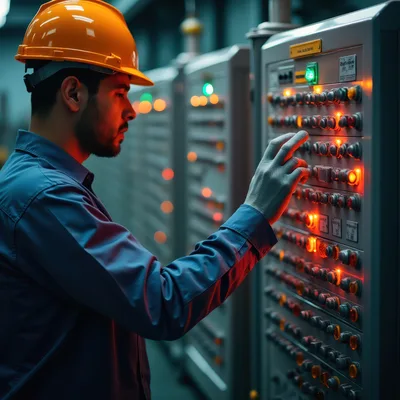 Industrial Technician Operating Electrical Control Panel