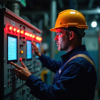 Industrial Technician Operating Control Panel In Factory