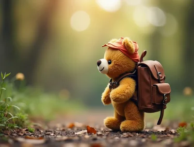 Teddy Bear Explorer With Backpack On Forest Path