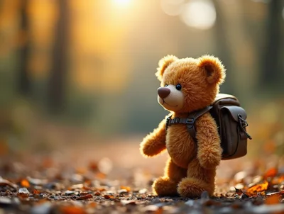 Teddy Bear With Backpack Standing In Autumn Forest