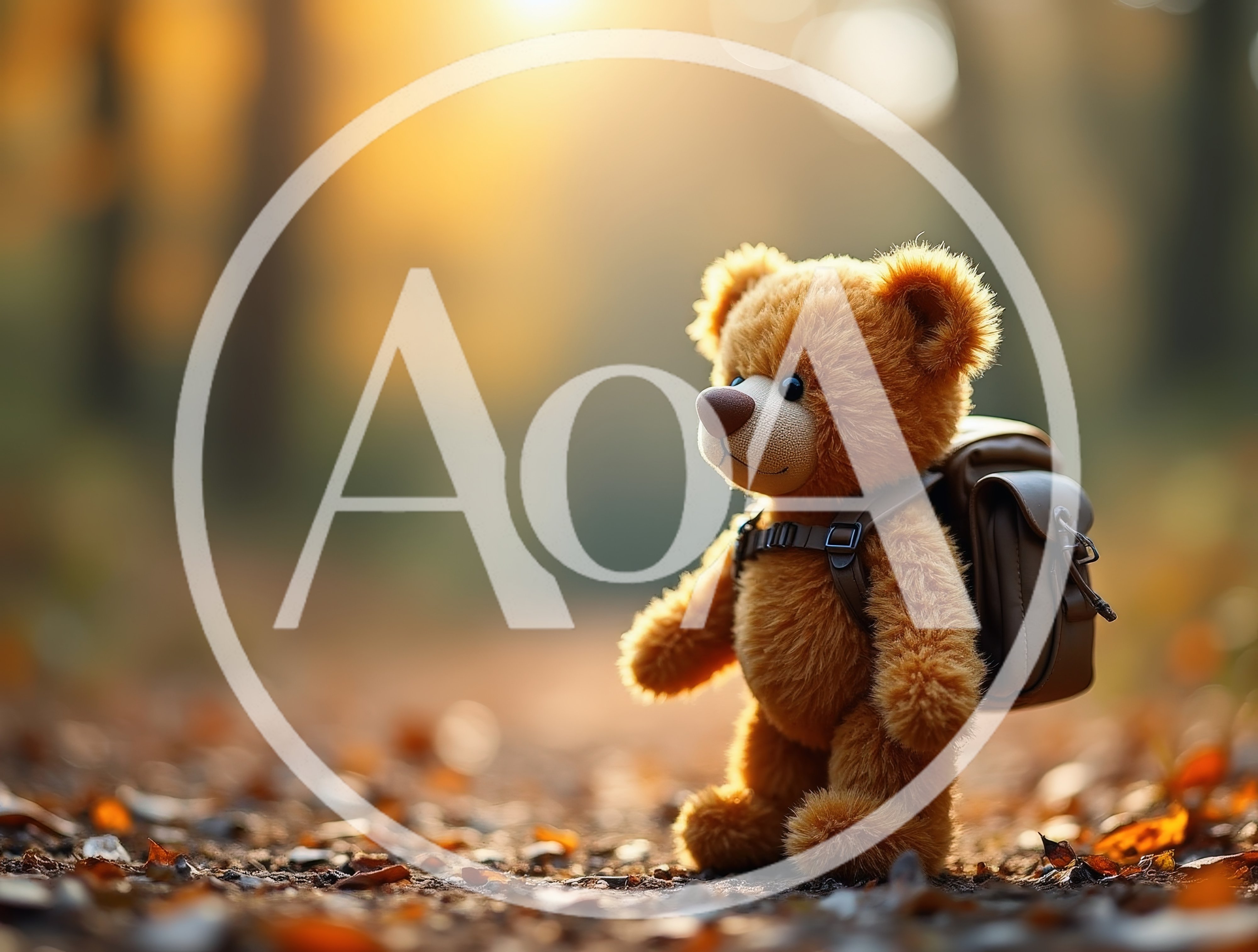 Teddy Bear With Backpack Standing In Autumn Forest