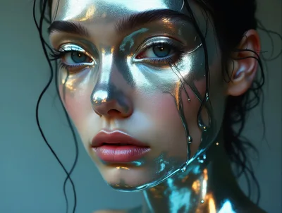 Portrait Of A Woman With Liquid Silver Face Paint