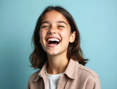 Young Girl Laughing Joyfully Against A Blue Background