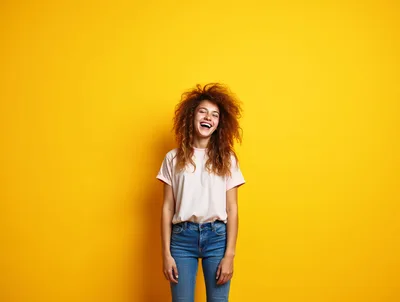 Happy Young Woman With Curly Hair Laughing