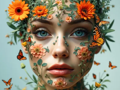 Surreal Portrait Of A Woman Adorned With Flowers And Butterflies