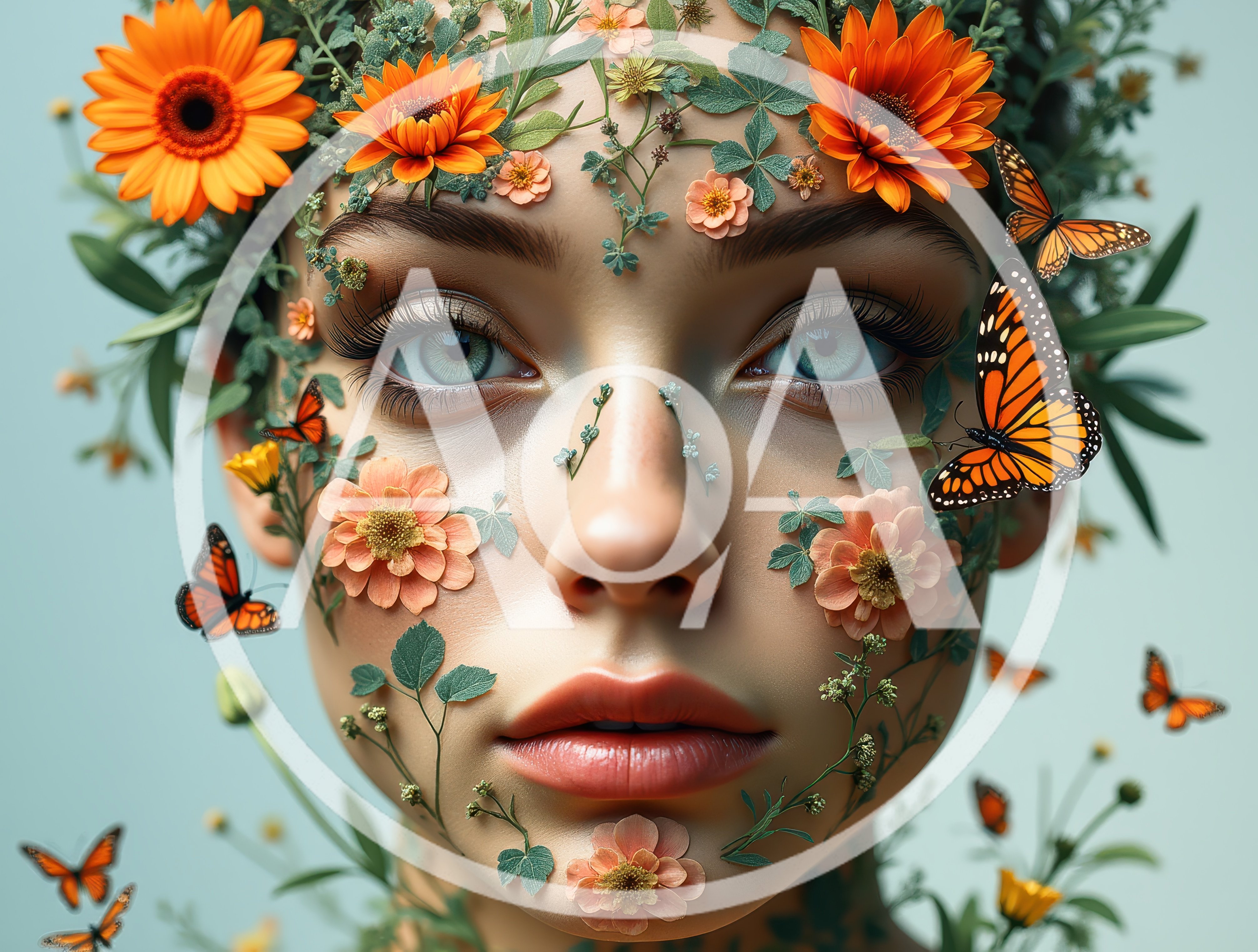 Surreal Portrait Of A Woman Adorned With Flowers And Butterflies