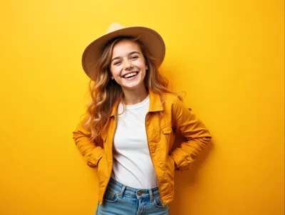 Happy Young Woman Wearing Hat And Yellow Jacket