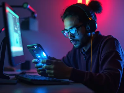 Young Man Using Smartphone In Dark Gaming Room