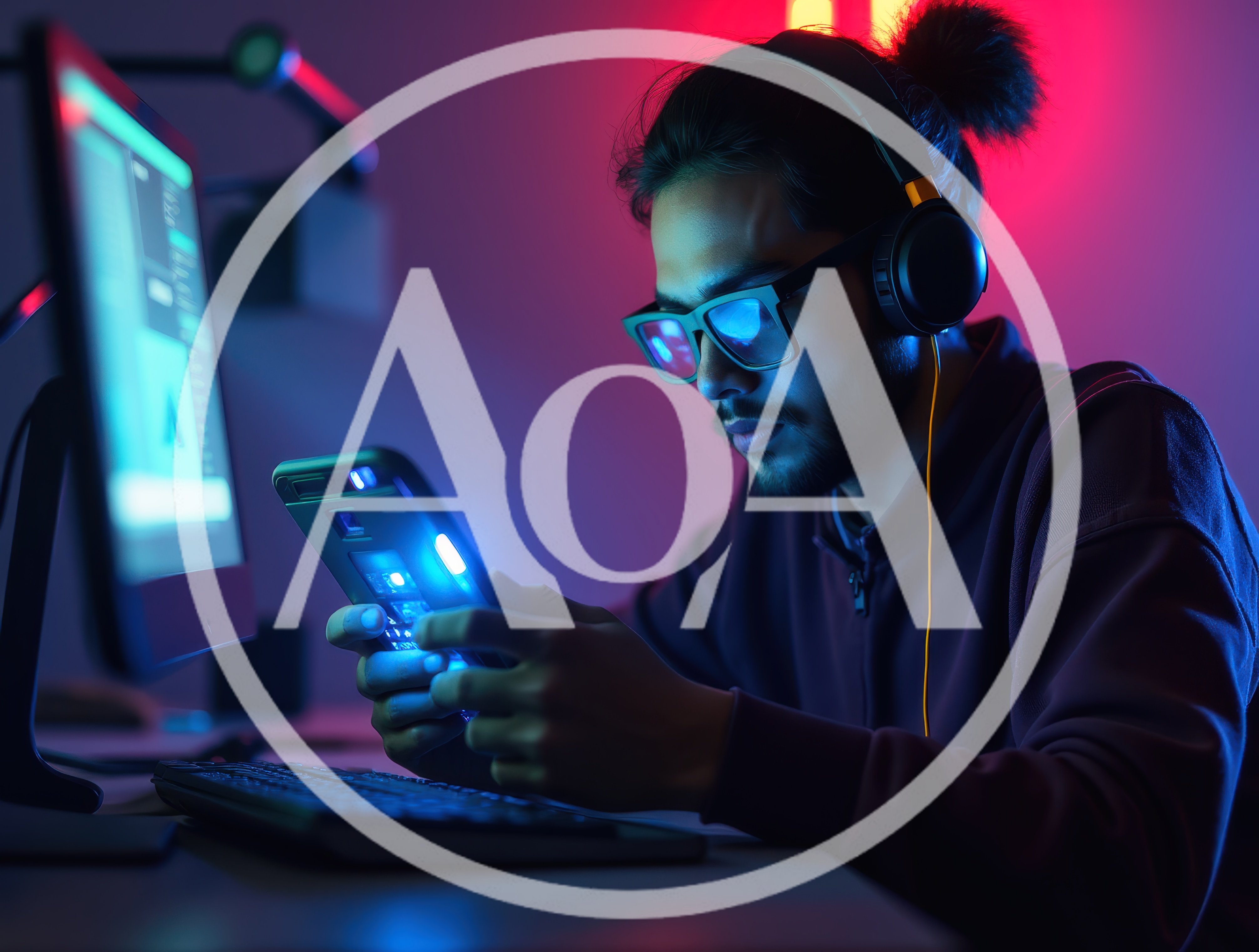 Young Man Using Smartphone In Dark Gaming Room