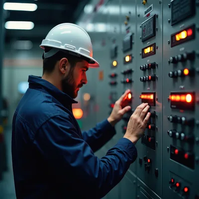 Industrial Technician Operating Electrical Control Panel